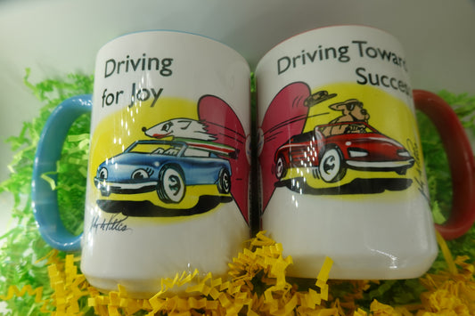 His & Hers: 15oz Mugs ceramic (Left & right handed) "Half-A-Heart" + 2 Mini BMW Cars (1:64) Gift Set for Couples