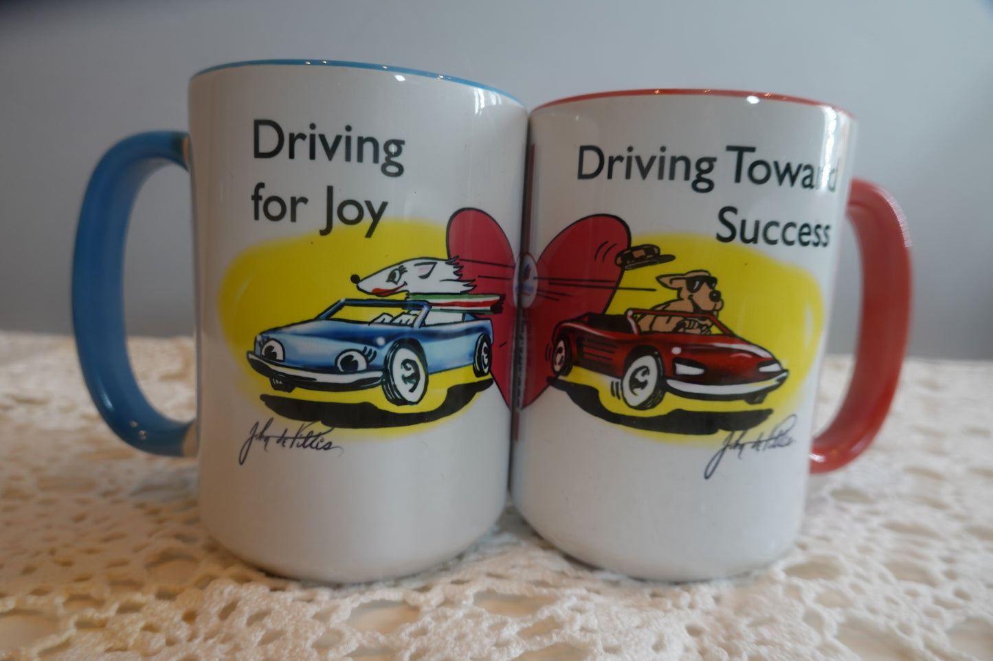 His & Hers: 15oz Mugs ceramic (Left & right handed) "Half-A-Heart" + 2 Mini BMW Cars (1:64) Gift Set for Couples